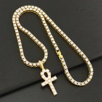INS Light Luxury Style Pearl Inlaid Ankh Cross Pendant Necklace Full Cuban Single Row Diamond Tennis Chain