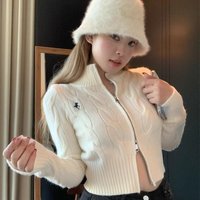 Chic Cable Knit Polo Collar Cardigan – Winter Cropped Sweater Dual Zipper & Princess Sleeves Cozy Chenille Knit Layering