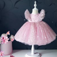 Mother & princess dress flying sleeves one year old performance dress hot piece mesh tulle puffy skirt