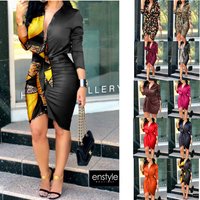 Clothing V neck Tie Solid Long sleeved Mid length Shirt Dress