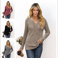 Women's Solid Color V-neck Loose Casual Long-sleeved T-shirt Top