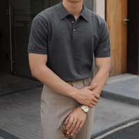 Knitted Polo Shirt Short Sleeve Breathable Cotton Blend Summer Casual T Shirt Solid Turn Down Collar Loose Fit Top