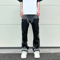 Graffiti Flared Denim Pants Patches Hip Hop Splashed Ink Wide Leg Trousers Slim Fit Washed Jeans
