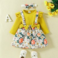 Clothes Autumn Winter Suspender Skirt Suit Long sleeved Romper Flower Bow Suspender Skirt