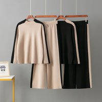Semi turtleneck Knit Sweater & Wide leg Pants Set Stylish Two piece Outfit Autumn & Spring & Khaki 