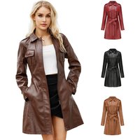 mid length leather jacket belt long sleeved leather windbreaker fashionable British jacket 6652