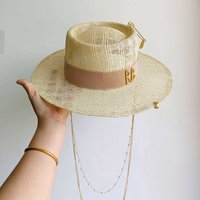 Chain Straw Fedora Flat Top Summer Straw Hat For Women Punk Style Sun Protection Outdoor Beach Straw Hat Chapeau Femme