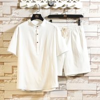 Clothing Style Trend Sports Leisure Suit Solid Cotton Linen Korean Version Stand Collar Short Sleeve T Shirt Two Piece Suit
