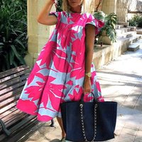 Women's Summer Clothing Size Dress Round Neck Pink Maple Leaf Print Casual Beach Dress