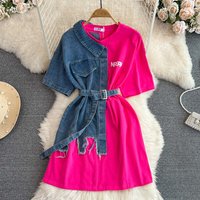 waist waisted round neck color block denim shirt chic casual mid-length