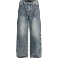  Vintage Washed Denim Pants Rhinestone Embellishments – Loose Fit Punk Inspired Streetwear Distressed & Retro 