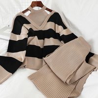 striped sexy sweater straight slimming wide leg trousers two piece temperament suit