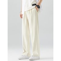 2024 Summer Casual Pants Breathable Polyester Korean Fashion Semi Wide Banded Waist Slacks Straight Loose Drape