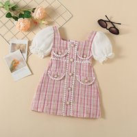 Mother&Kids Children's dress children's wool plaid pearl button small wool ball small fragrance puffle-sleeve children's princess dress