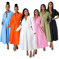 Clothing Dress Fashion Slightly Elastic Shirt Dress Waist Loose Long Sleeve Long Skirt