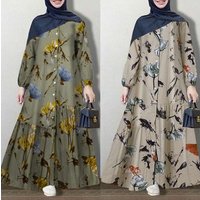 Women's Casual Muslim Clothes Spliced Robe Large Size Women's Cotton Long Sleeve Floral Long Dress Women