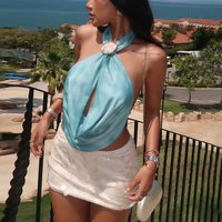 Clothing Solid Top Shell Metal Button Ties Halter Neck Open Back Fashion Style Formal & Casual