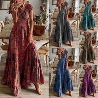 Women’s Clothing V Neck Long Skirt Waist Floral Print Big Swing Dress