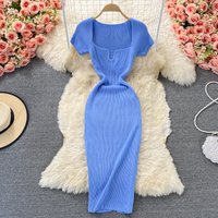 Clothing Tight Slim Square Collar Knitted Dress Short sleeved Elegant Sexy Spice Hip Long Dress