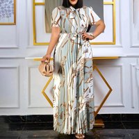 Women's Short-sleeved Printed Pleated Straps Long Skirt Plus Size