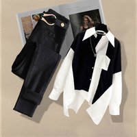 Clothing Style Fashionable Patchwork Shirt Top Slim All Match Jeans Two Piece Suit Trendy