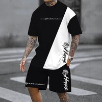 Digital Printed Men's Casual Two Piece Suit Including Round Neck Short Sleeved T Shirt And Drawstring Shorts With Pockets, Breathable And Soft