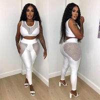 hollow mesh see through sexy suit mesh patchwork vest trousers two piece set