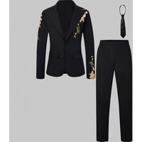 Foil Print Three Piece Suit Set Older Slim Fit Trousers Tie