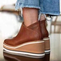 Large wedge heel short boots flat side zipper round toe solid boots thick sole leather boots