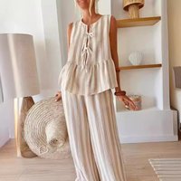 Women's Clothing 2 Piece Pants Suit Striped Front Open Vest Top Wide Leg Casual Pants Summer