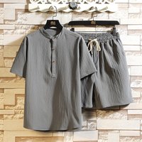 Men's Clothing two-piece suit stand-up collar retro short-sleeved suit casual solid color cotton and linen two-piece suit