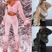 Women's Clothing autumn and winter sexy navel-baring long-sleeved top solid color micro-flared pants two-piece set