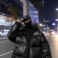 Winter Couple Stand Collar PU Leather Thickened Warm Puffer Jacket Loose Down Cotton Coat