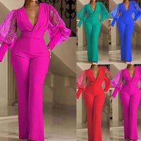 Clothing Trendy Mesh Panel Jumpsuit – Long Sleeve Flared Wide Leg Romper Elastic Waist