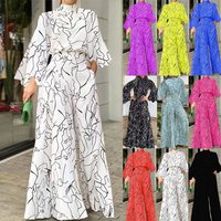 temperament elegant waist lace up long sleeve halter trousers printed jumpsuit