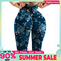 Spring Summer Printed Hip Lift Wrinkle Slim Fit High Waist Elastic Bow Yoga Pants