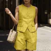 Women's Clothing Summer Sleeveless Vest Suit Women Office Short Suit Vintage Pocket Shorts Holiday 2 Piece Set