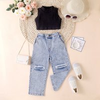 Baby Clothing Children’s dress Girls‘ summer pit strip solid color sleeveless strapless jumper ripped denim trousers two-piece set