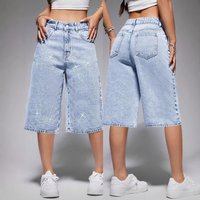 High Waisted Denim Shorts Light Blue Washed Rhinestone Firework Detail Sexy Style Factory Direct Wholesale Bottoms