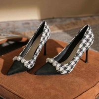 Women's new stiletto popular French houndstooth high heels color matching versatile pearl shoes for women in autumn and winter