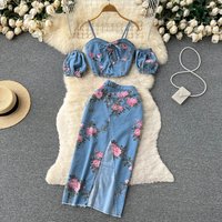 Women's suit for sweet girls, off-the-shoulder camisole, high-waisted slit skirt two-piece set