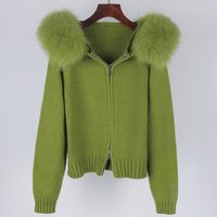 Clothing Zipper Real Fox Fur Collar Hooded Cardigan Tops Jacket High end Spring Autumn
