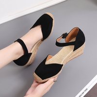 fisherman shoes wedge heel thick sole spring autumn suede one word buckle high heel hollow single shoe straw