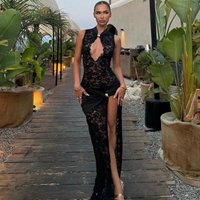 Clothing Sexy Fashion Lace Hollow High Slit Slim Sleeveless Dress