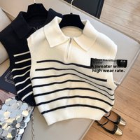 Korean style retro lapel zipper striped knitted vest sweater autumn winter inner wear outer wear temperament waistcoat