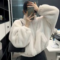 Cozy Fleece Jacket Winter Short Puffer Coat Stand Collar Soft Teddy Fleece Outerwear Loose Fit Warm Zip Up Jacket Casual Outfits