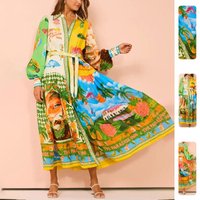 2026 Spring Clothing European American Cross Border Casual Lantern Sleeve Belted Printed Cardigan Dress