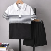 Kid's Clothing boy's short-sleeved lapel contrast color T-shirt boy's striped children's white short-sleeved polo shirt two-piece suit
