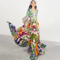 Clothing Swimsuit Deep V Neck Lantern Long Sleeved Seaside Holiday Printed One Piece Swimsuit Suit