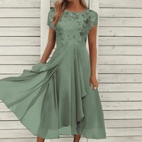 Clothing Dress Chiffon Splicing Round Neck Lace Hollow Long Dress Bridesmaid Evening Dress